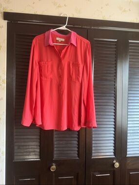 LOFT Coral Blouse with Pink Contrast Collar